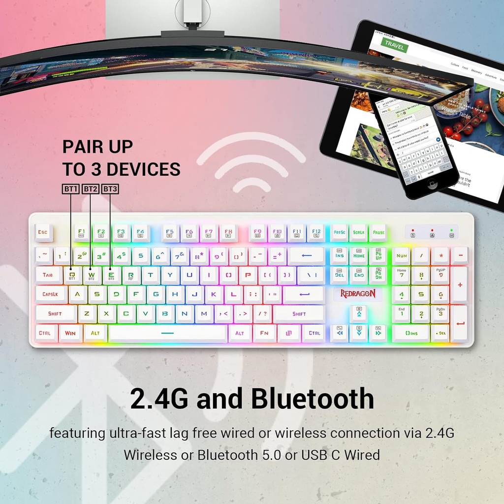 Redragon K509 Pro Teclado inalámbrico para juegos, 2.4G y teclado Bluetooth, retroiluminado RGB con 104 teclas
