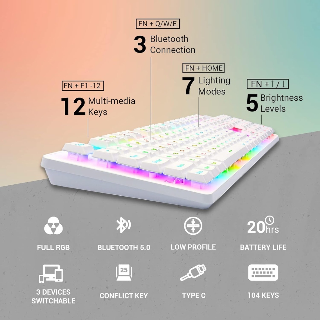 Redragon K509 Pro Teclado inalámbrico para juegos, 2.4G y teclado Bluetooth, retroiluminado RGB con 104 teclas
