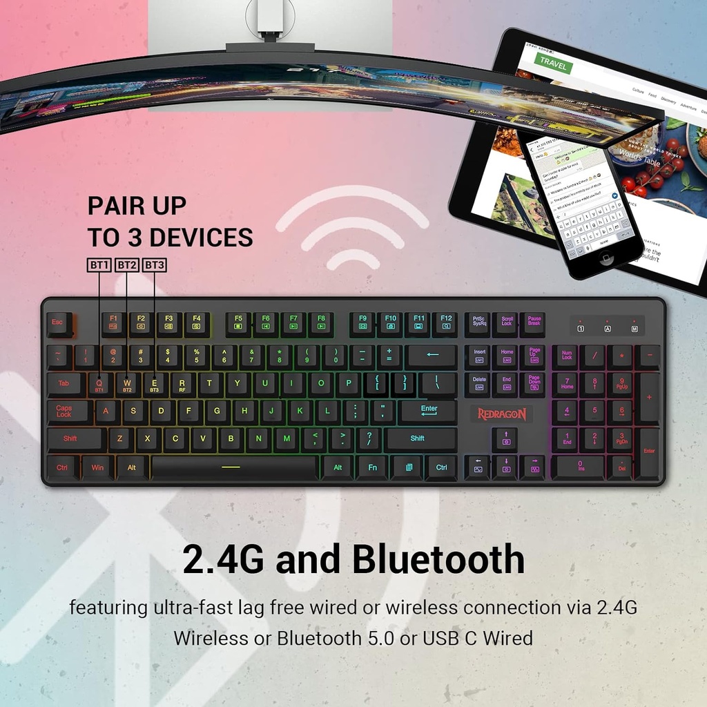 Redragon K509 Pro Teclado inalámbrico para juegos, 2.4G y teclado Bluetooth, retroiluminado RGB con 104 teclas