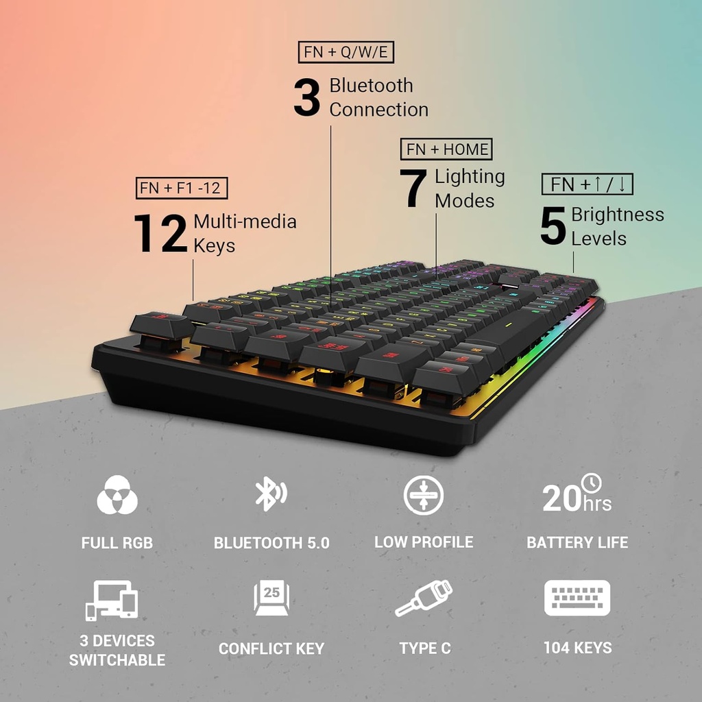 Redragon K509 Pro Teclado inalámbrico para juegos, 2.4G y teclado Bluetooth, retroiluminado RGB con 104 teclas