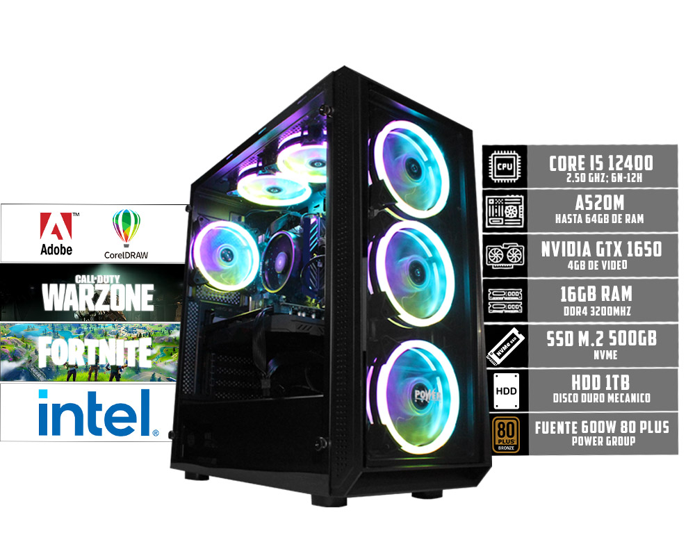 CPU GAMER CORE I5 12400F DDR4 16GB SSD M.2 500GB 1TB HDD GTX 1650