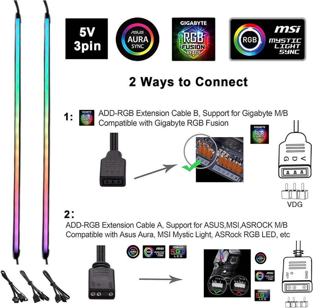 Tira LED RGB direccionable para PC, tira magnética ARGB de arco iris difusa de 2 x 15.7 pulgadas para Aura SYNC de 5 V, 3 pines, fusión Gigabyte RGB, sincronización de luz mística MSI