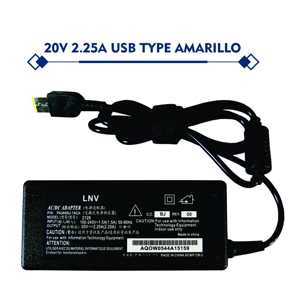 CARGADOR PORTATIL LENOVO 20V 2.25 AMP USB HOMOLOGADO