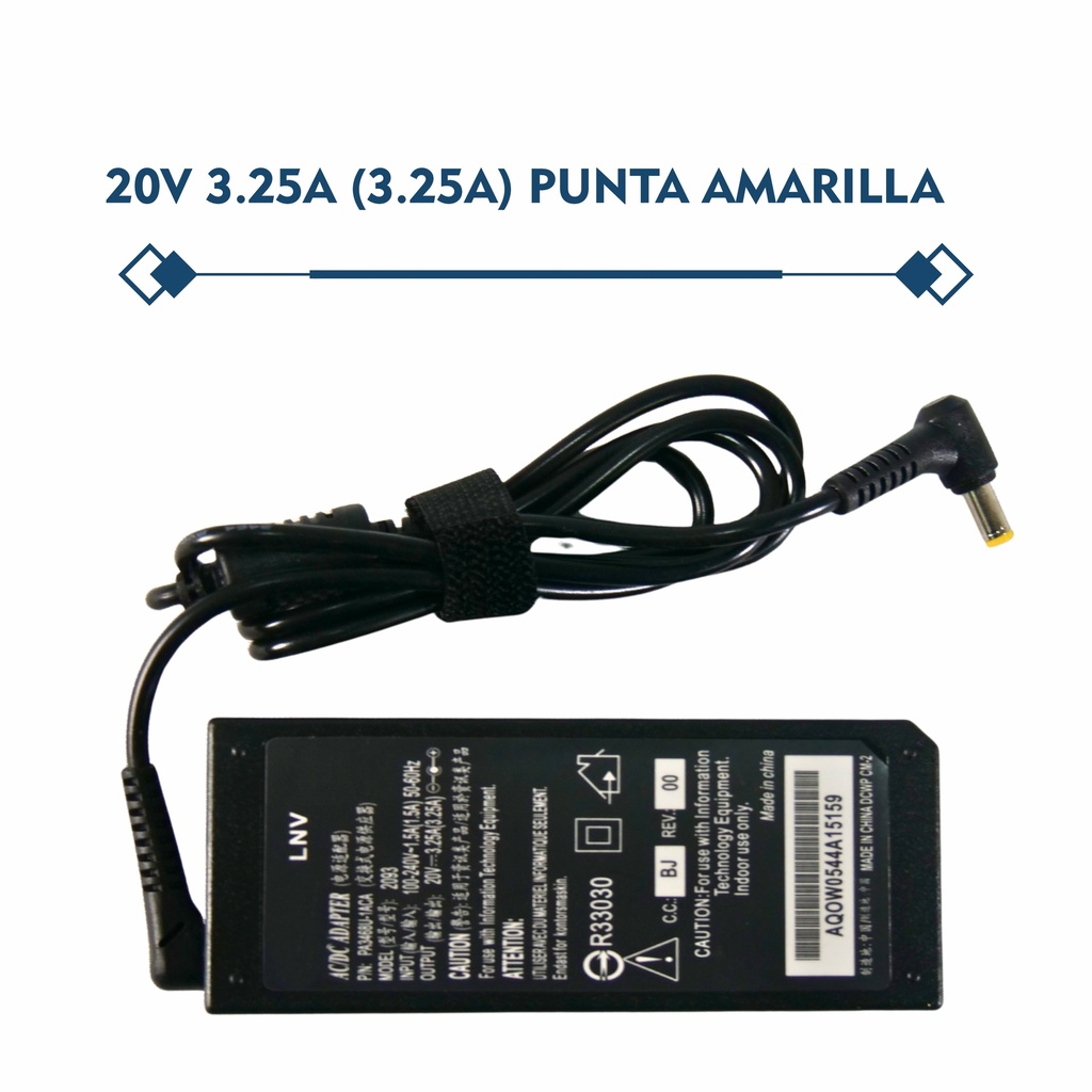 CARGADOR PORTATIL LENOVO 20V 3.25 AMP 5.5*2.5MM HOMOLOGADO